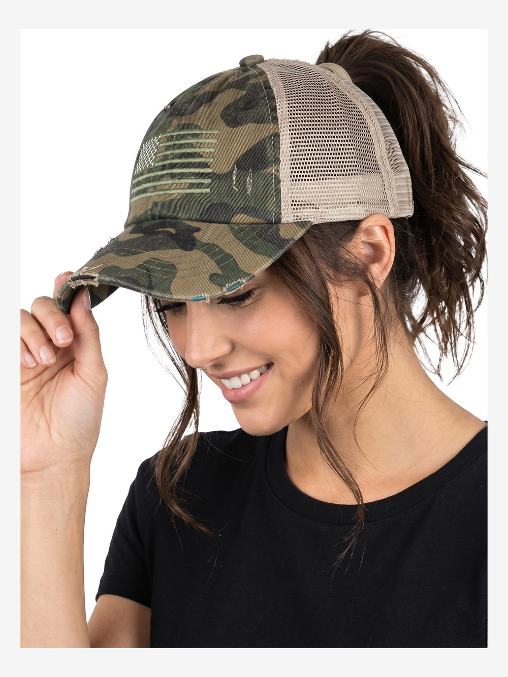 Criss Cross Ponytail Cap, Messy Bun | American Flag, Camo Green | Size OS